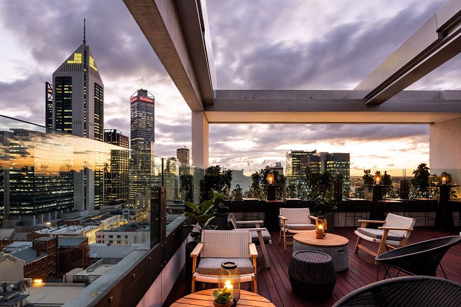 Rooftop bar view of the city at QT Perth.