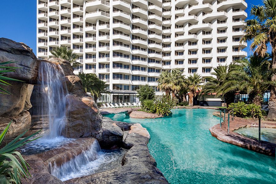 Waterfall feature at the Rendezvous Hotel Perth Scarborough swimming pool.