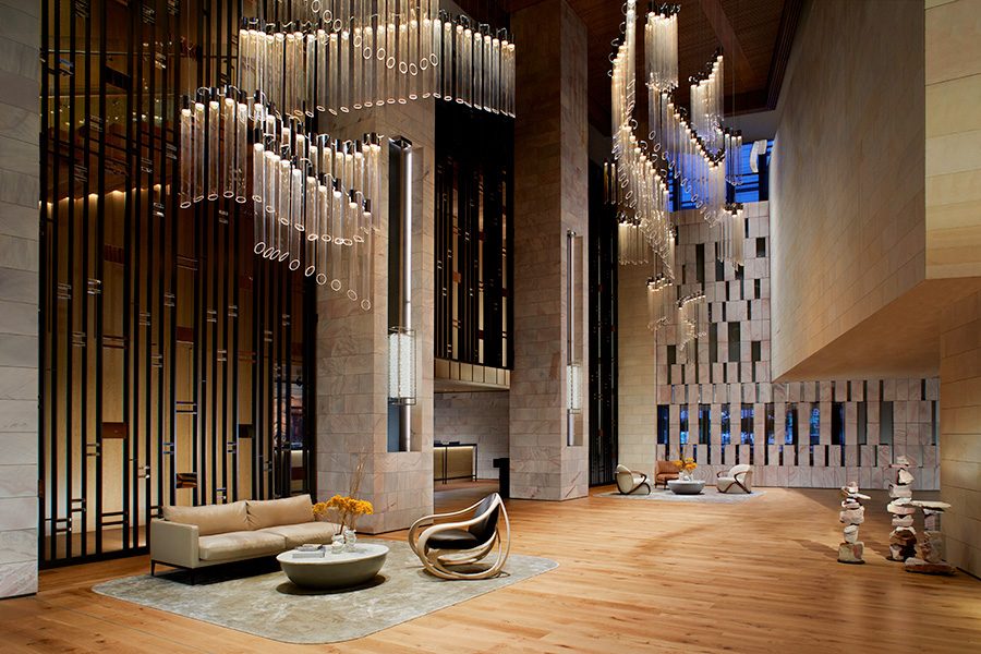 Mood lighting and interior view at Ritz Carlton, Perth’s lobby.