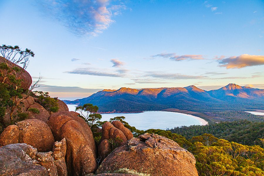 Mountain view overlooking bay of water in Tasmania