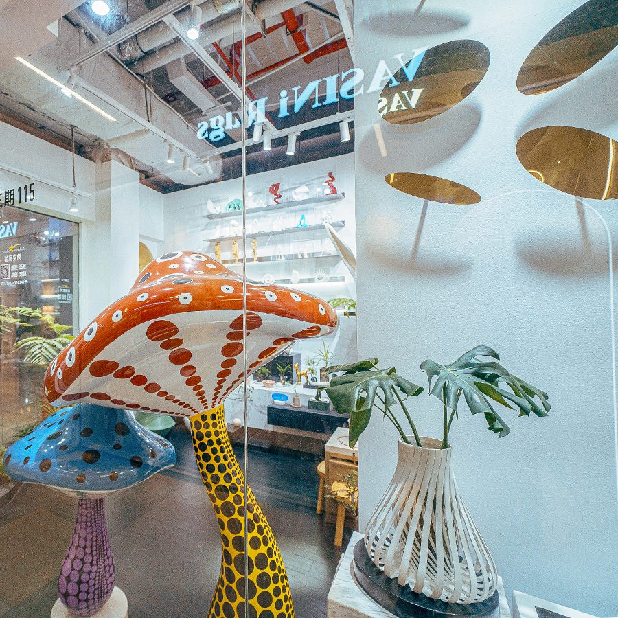 A shopfront displaying mushroom- and plant-themed furniture at Art Design Centre 