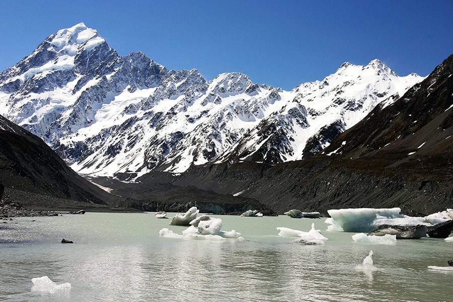 View of Mount Cook/Aoraki and the glacial pool beneath it