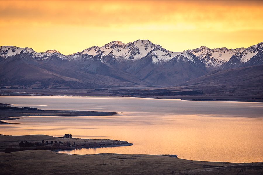 View of the New Zealand Southern Alps at sunset