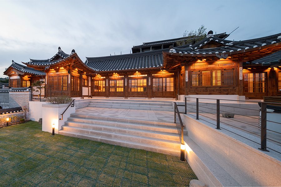 External view of Bukchon Binkwan by Rakkojae at dawn, featuring the open courtyard 