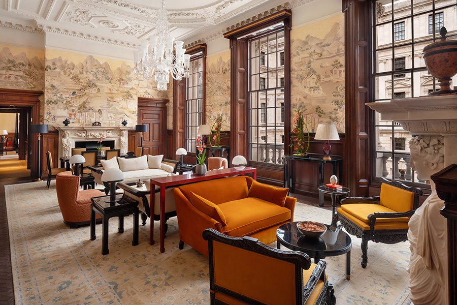 Interior view of the elegant, Edwardian-style lounge at Raffles London at The OWO