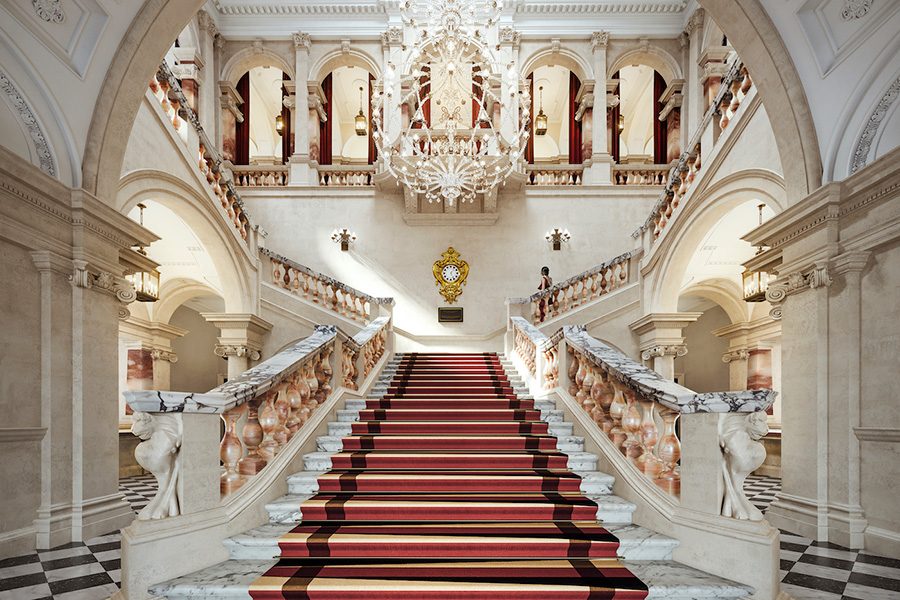 A view from the foot of the grand staircase inside Raffles London at The OWO 