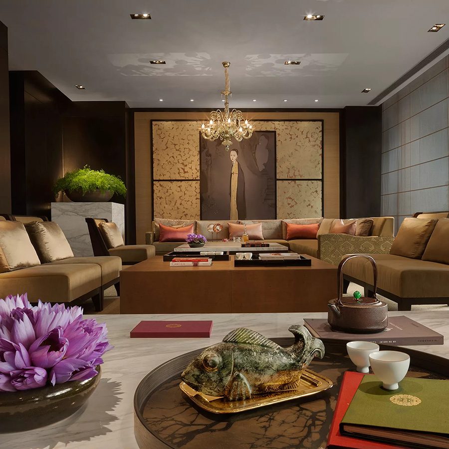 Interior view of Rosewood Beijing spa, featuring Chinese decor in a contemporary style 