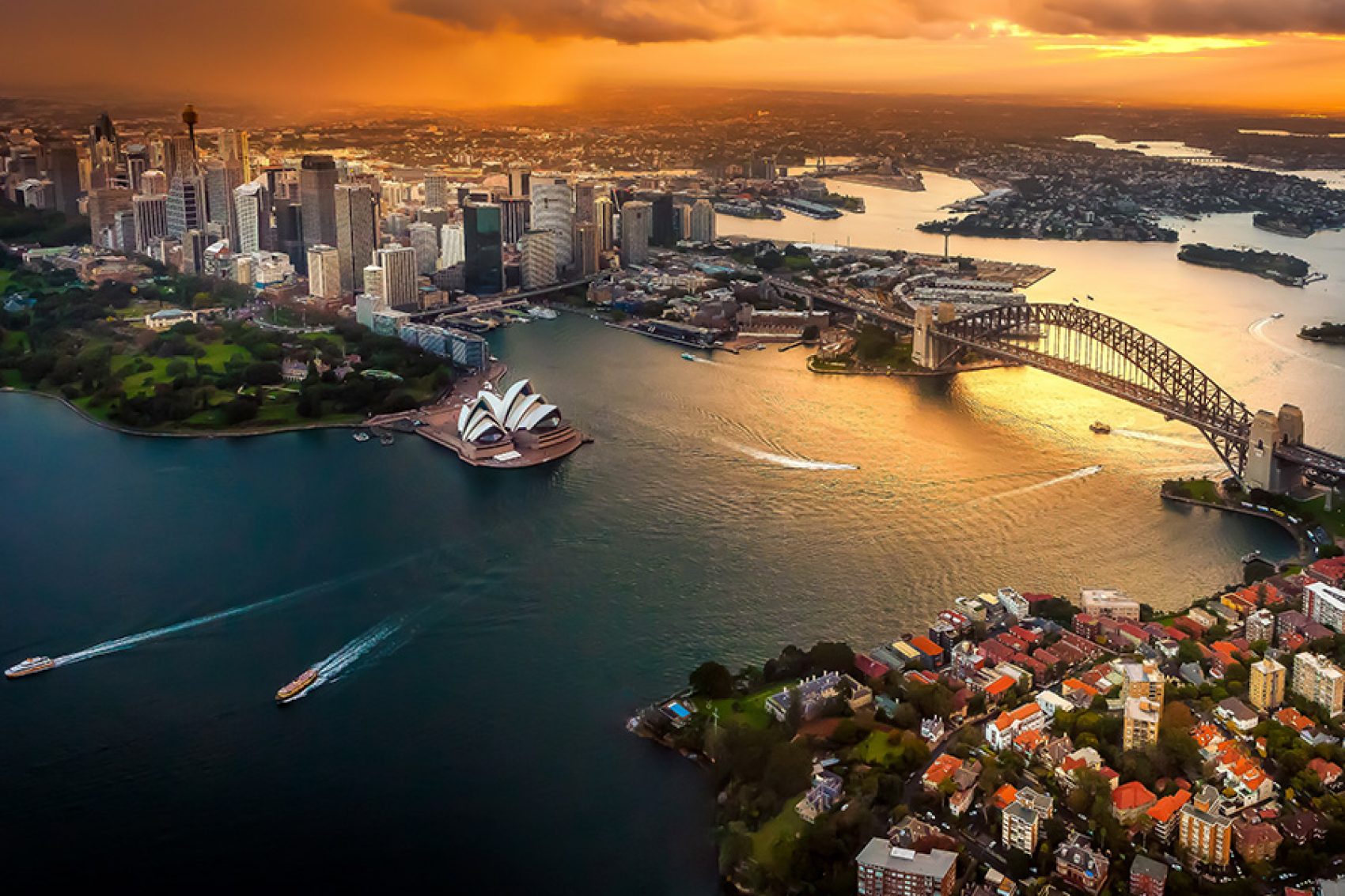 Aerial view of Sydney Harbour at dusk