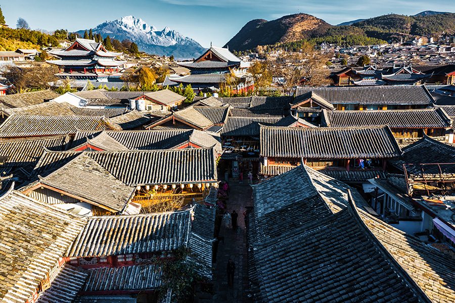 An aerial view of the roofs in the old town of Lijiang.
