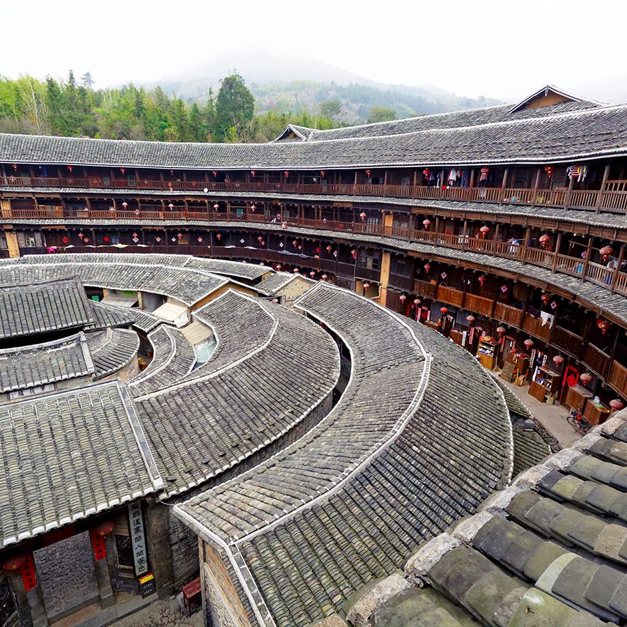 An inside shot of a Hakkanese tulou earthen structure.