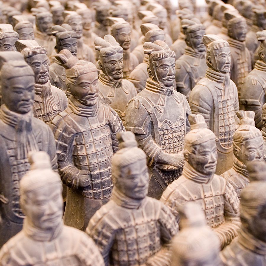 Close-up shots of the faces of terracotta army figurines in Xi’an.