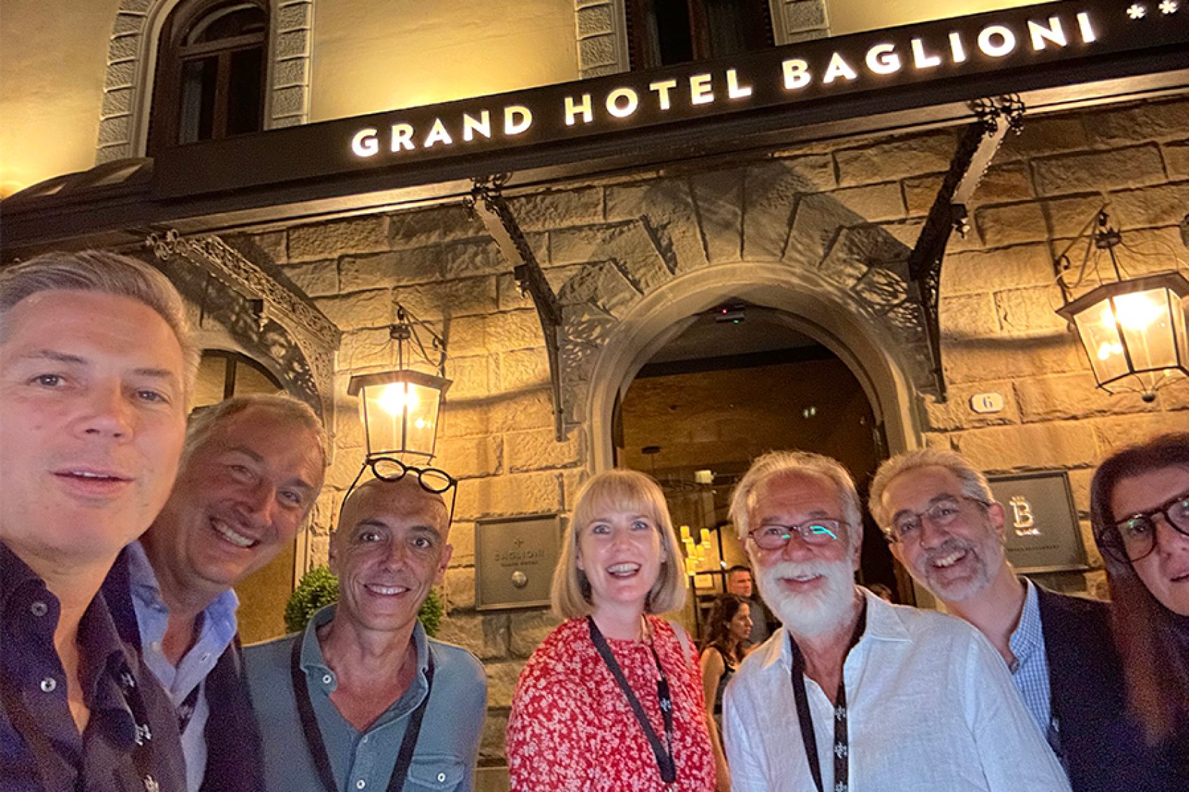A group of Cathay insiders and Diamond members outside the Grand Hotel Baglioni in Florence.