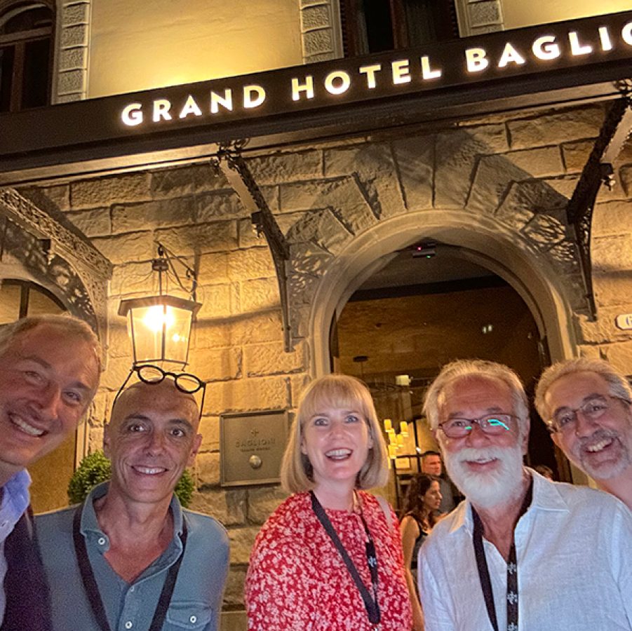 A group of Cathay insiders and Diamond members outside the Grand Hotel Baglioni in Florence.