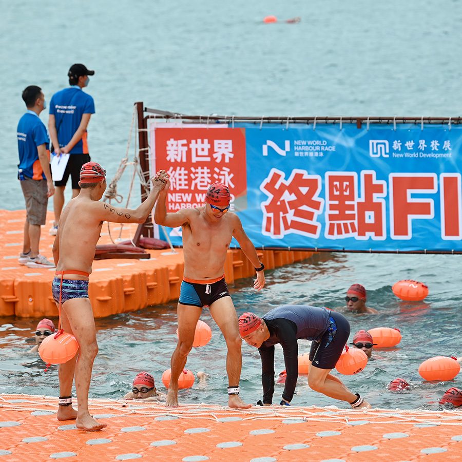 Swimmers at the finish line of the Hong Kong Harbour Race