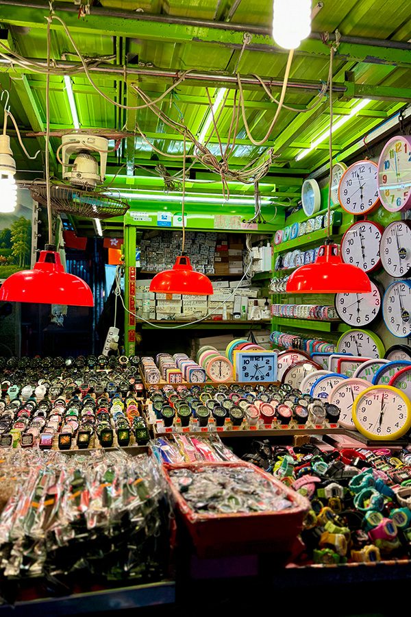 Sham Shui Po stall selling clocks and more