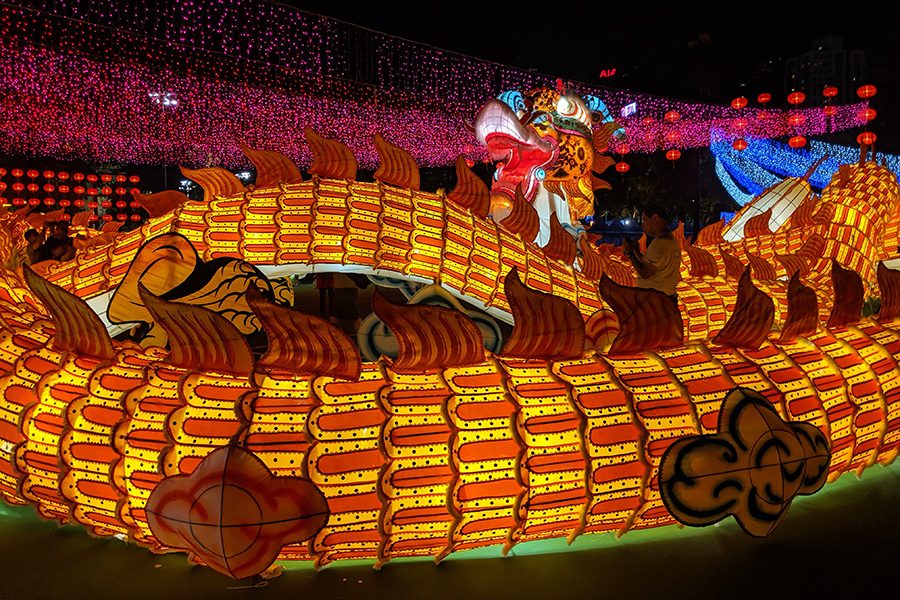 Chinese paper dragon being illuminated 