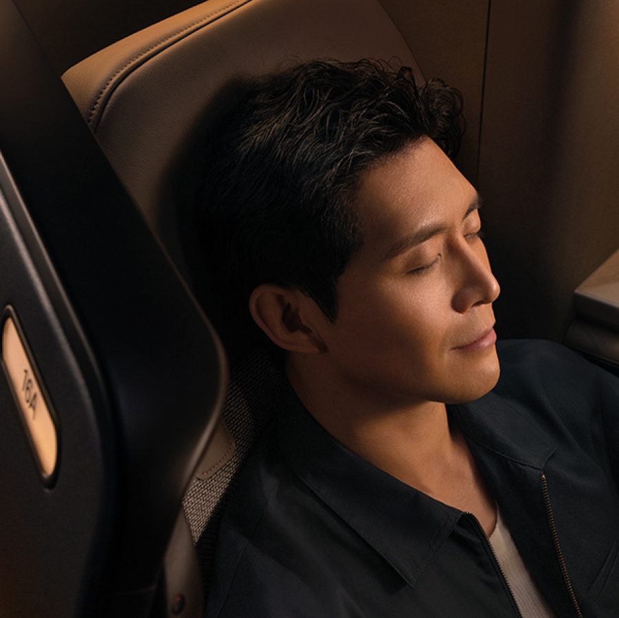 Close-up of a man sleeping in Cathay Pacific’s new Aria Suite. 