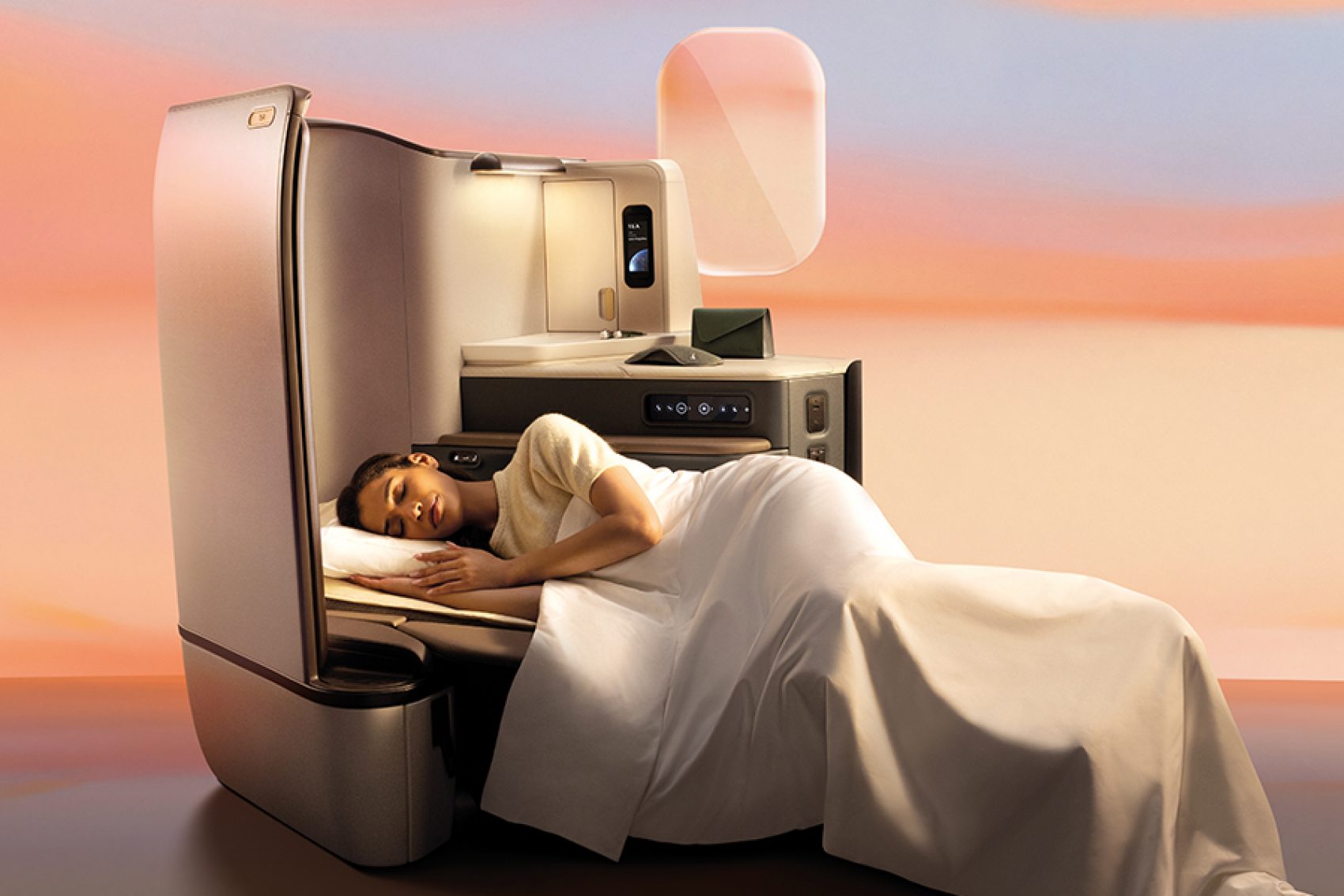 A woman covered by a blanket, sleeping on the fully lie-flat bed in Cathay Pacific’s new Aria Suite. There is a sunset-coloured gradient background behind her.