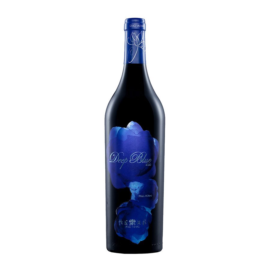 A bottle of Grace Vineyard Deep Blue wine. 