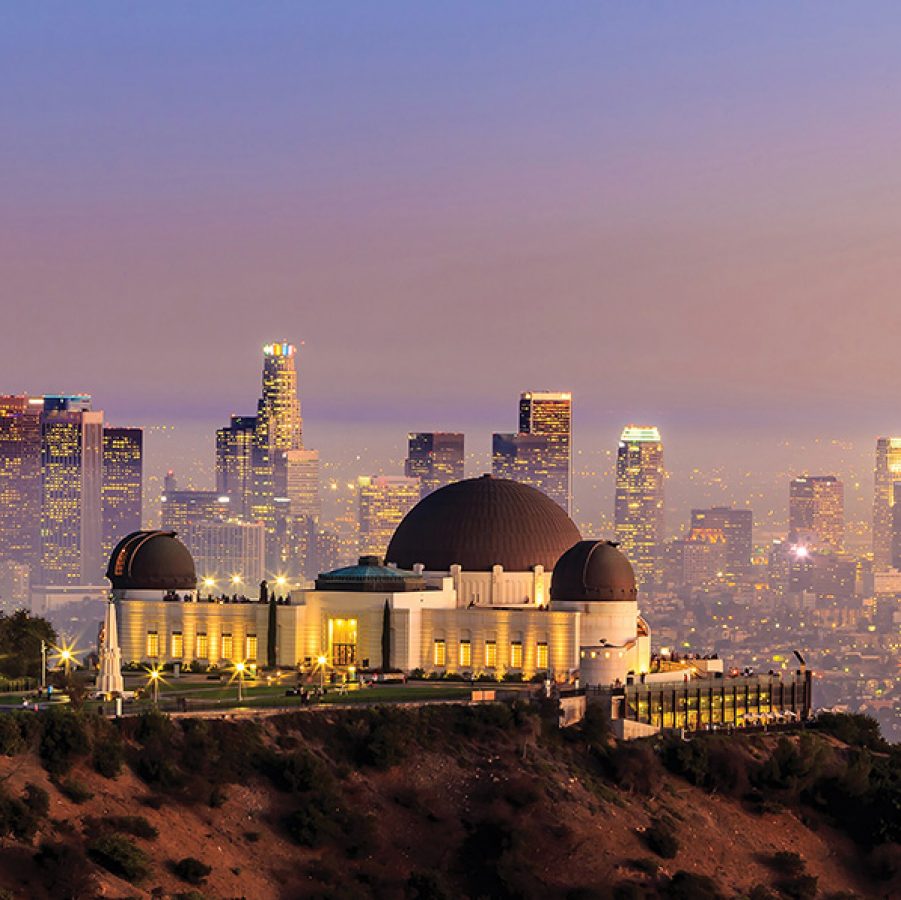 Shot of Griffith Observatory at dusk with skyline views 