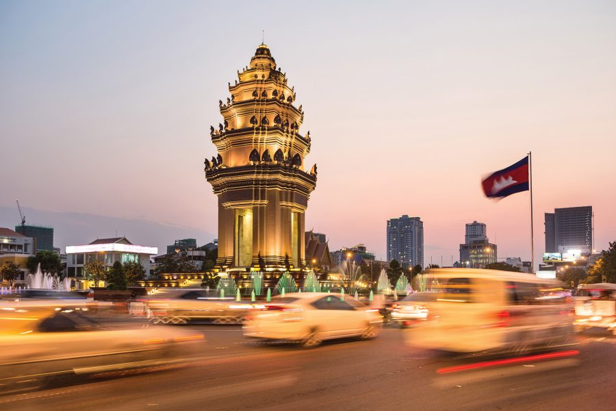 Landmark in Phnom Penh surrounded by traffic