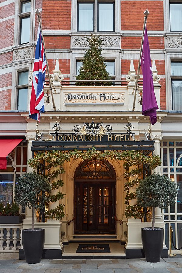 The front entrance of The Connaught with Christmas decorations.