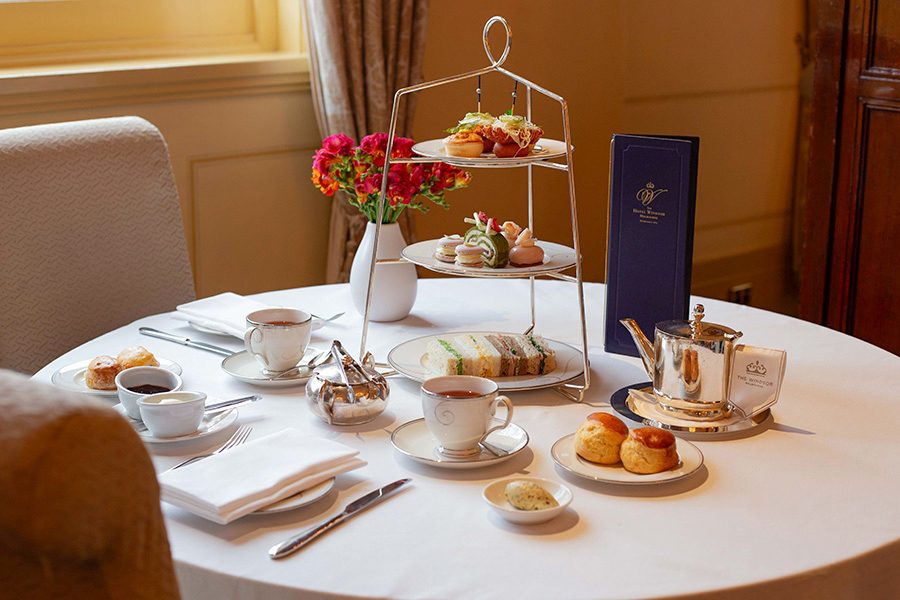 An afternoon tea dining set on a table at The Hotel Windsor.