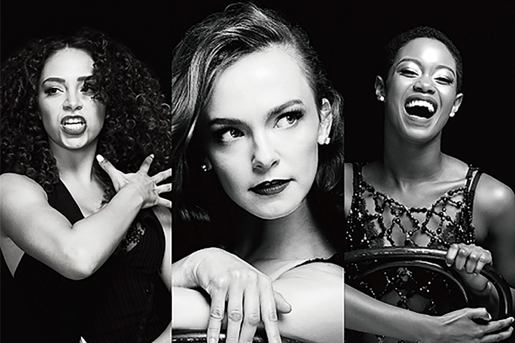 A black-and-white collage of three actresses from the Chicago musical. 