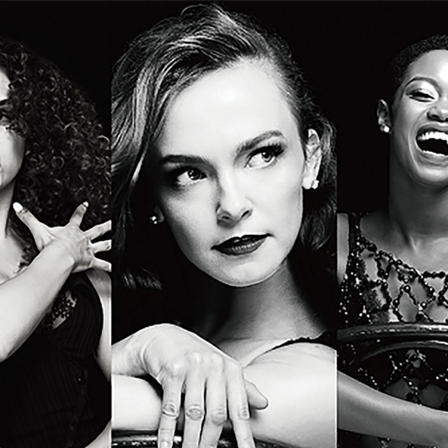 A black-and-white collage of three actresses from the Chicago musical. 