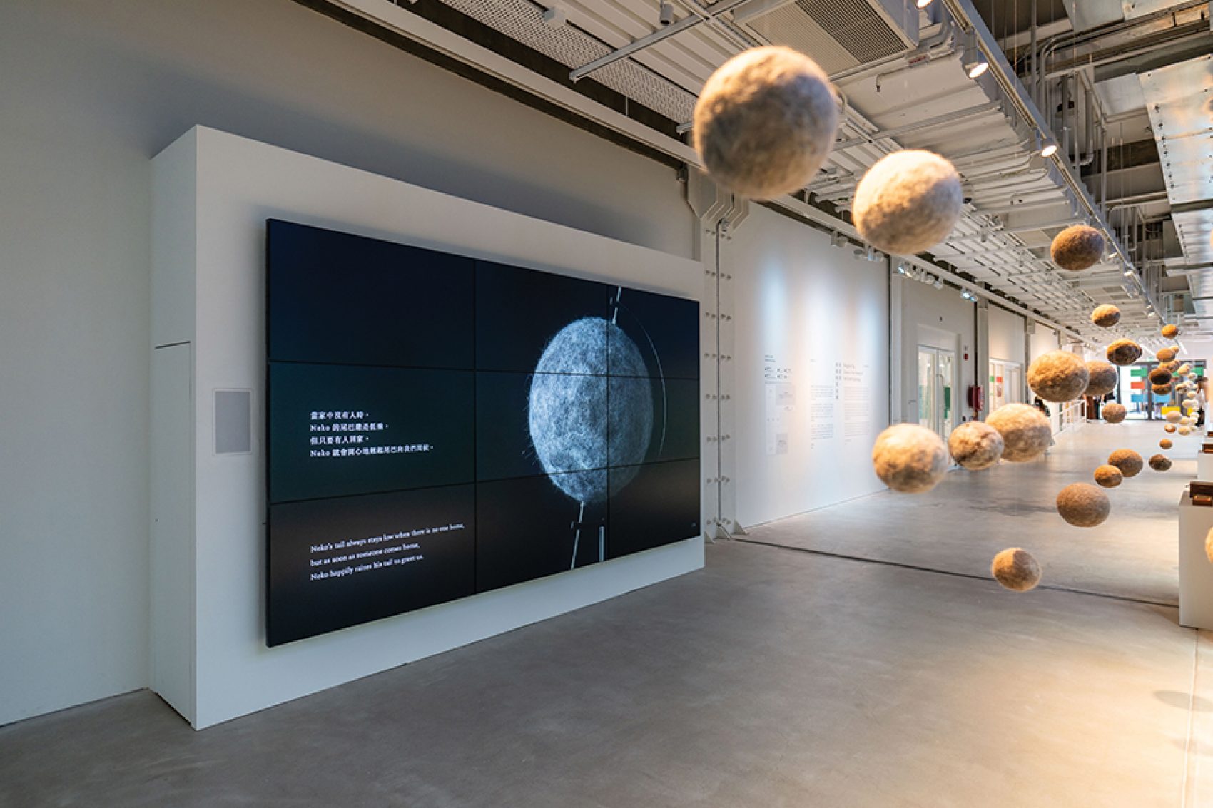 Fur balls hanging from the ceiling in an exhibition by Kingsley Ng.