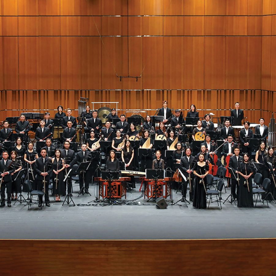 Members of an orchestra dressed in all black are holding their instruments while standing on stage.
