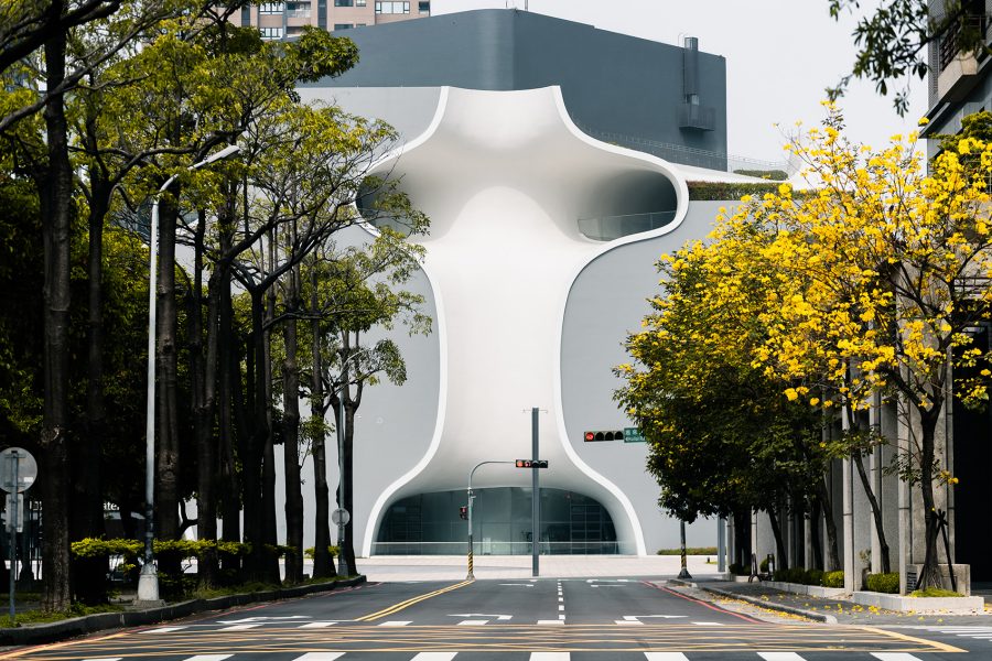 Exterior of National Taichung Theater, seen from the road at daytime. 