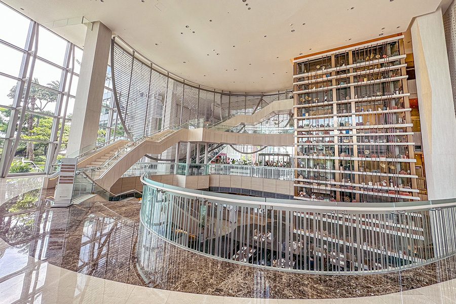 Glass-filled interior of Windsor Hotel Taichung. 