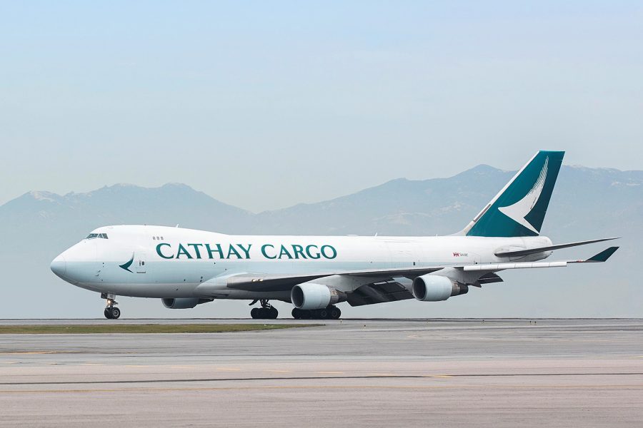 A Cathay Cargo plane on the runway.
