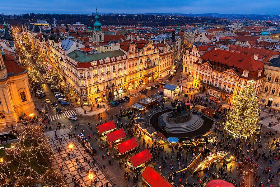 Aerial view of the Christmas market at the Old Town Square in Prague. 