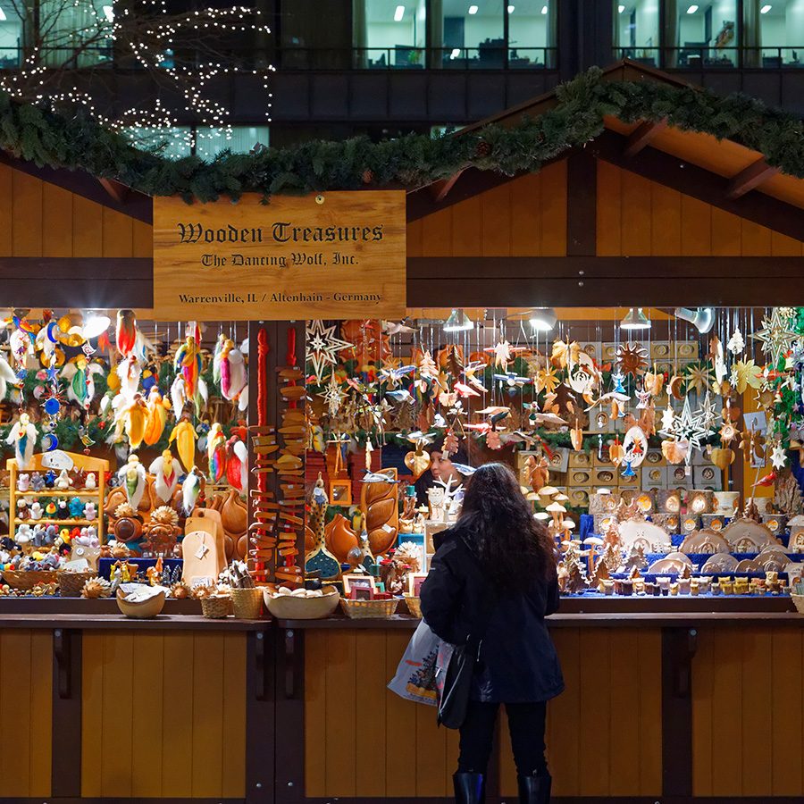 A stall selling wooden crafts at Chicago’s Christkindlmarket.