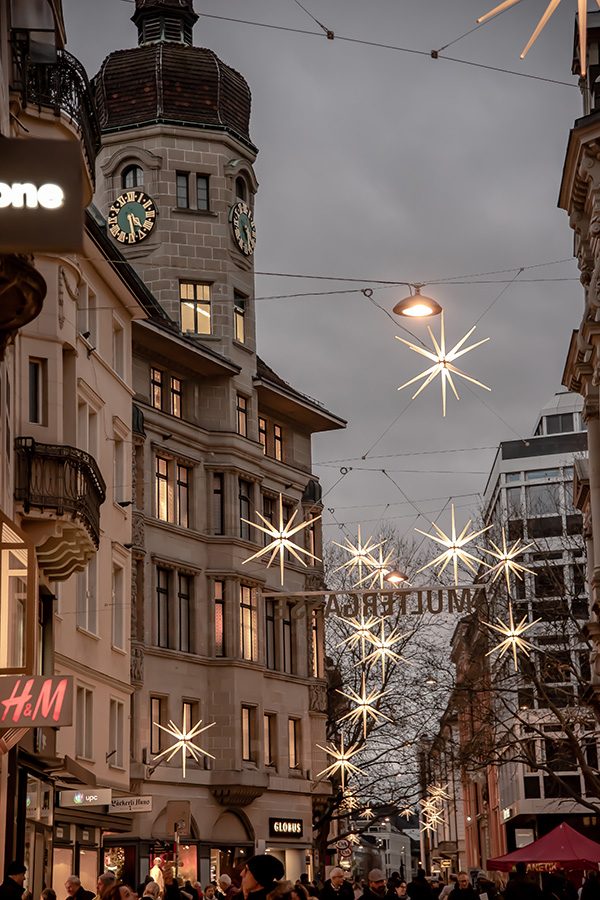 Star decorations hanging over the street in St Gallen.