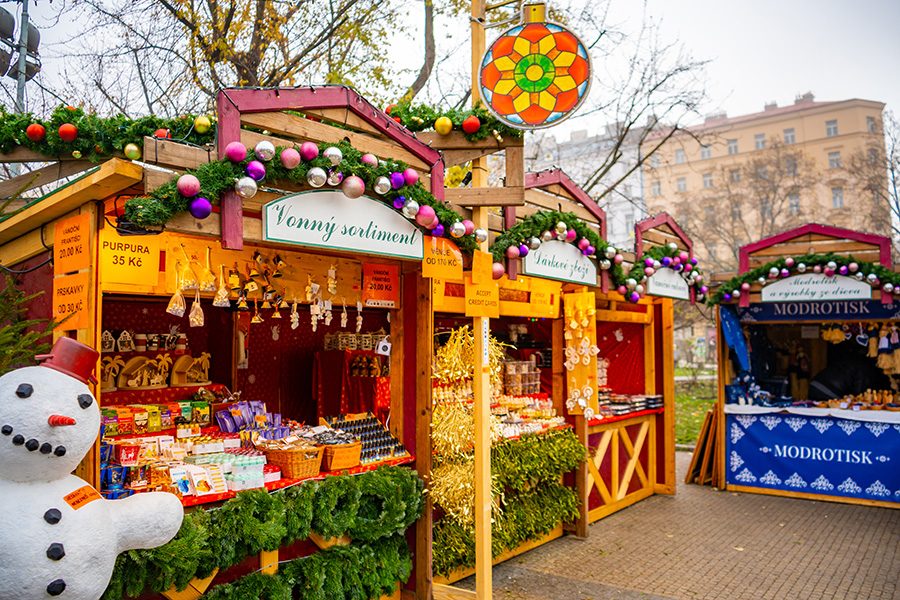Stalls at a Christmas market in Prague.