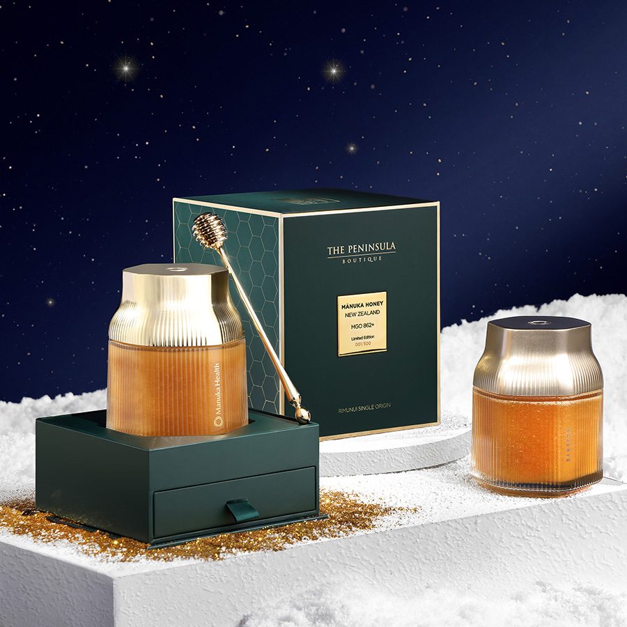 Gift sets of honey from The Peninsula Boutique, arranged against a faux snow and starry sky background.     (pls pick 1-2 images) 
