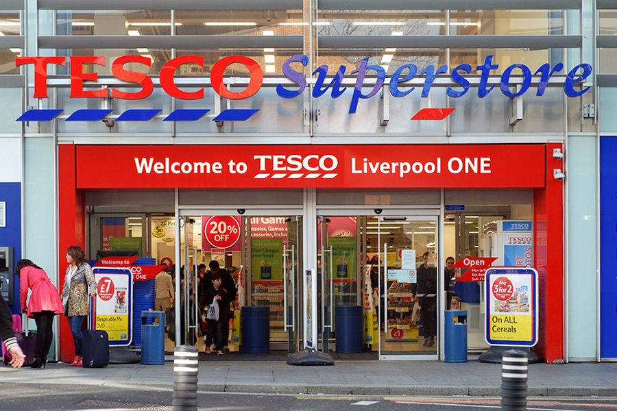 Exterior of a Tesco supermarket in the United Kingdom. 