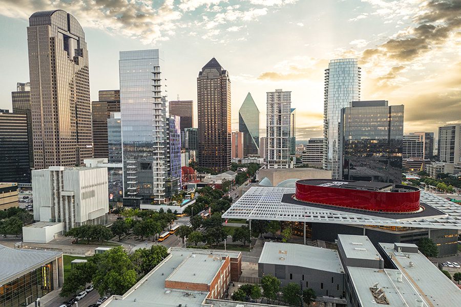 Landscape view of the Dallas Art District surrounded by skyscrapers 