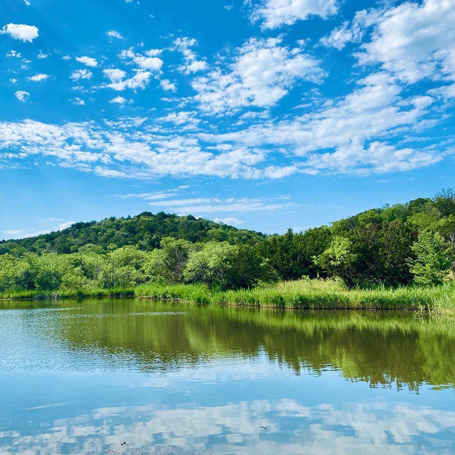 A clear still river bordered by green bushes and trees, against a blue sky. 