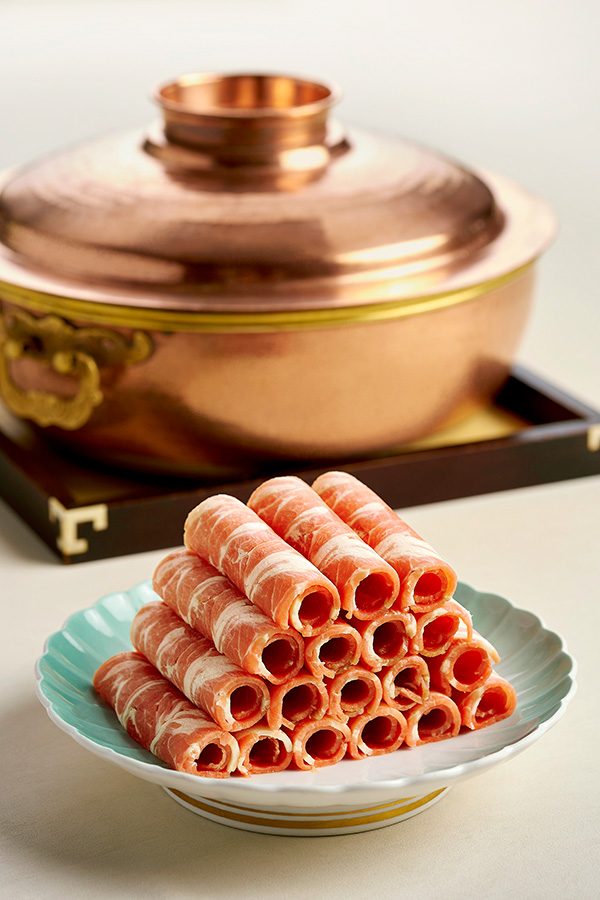 A plate of rolled slices of wagyu beef for hot pot served at Dong Lai Shun in Tsim Sha Tsui.