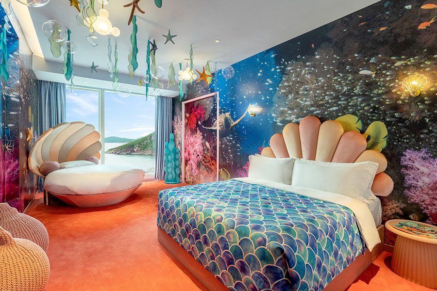 An interior view of an ocean-themed family suite at Fullerton Ocean Park Hotel in Hong Kong.