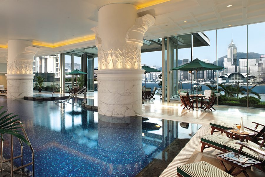 An interior view of the indoor swimming pool at The Peninsula Hong Kong.