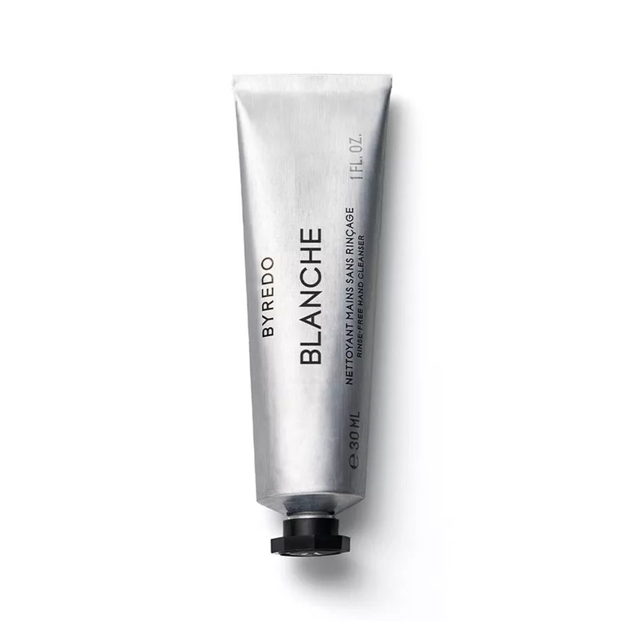 A silver tube of Byredo blanche rinse-free hand cleanser 