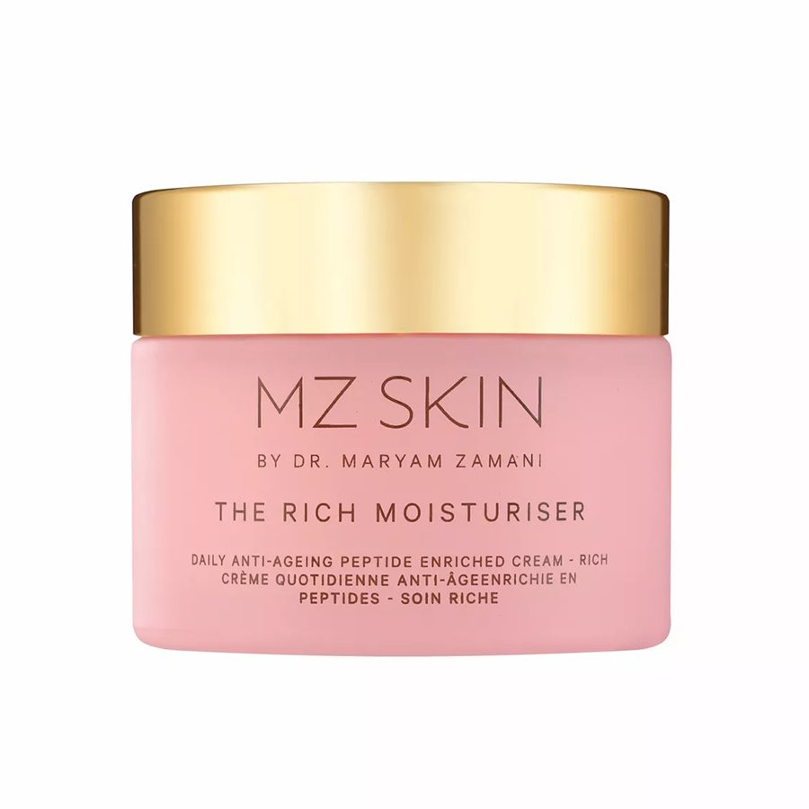 A rich moisturiser from MZ Skin by Dr Maryam Zamani in a rose-pink container with gold lid 