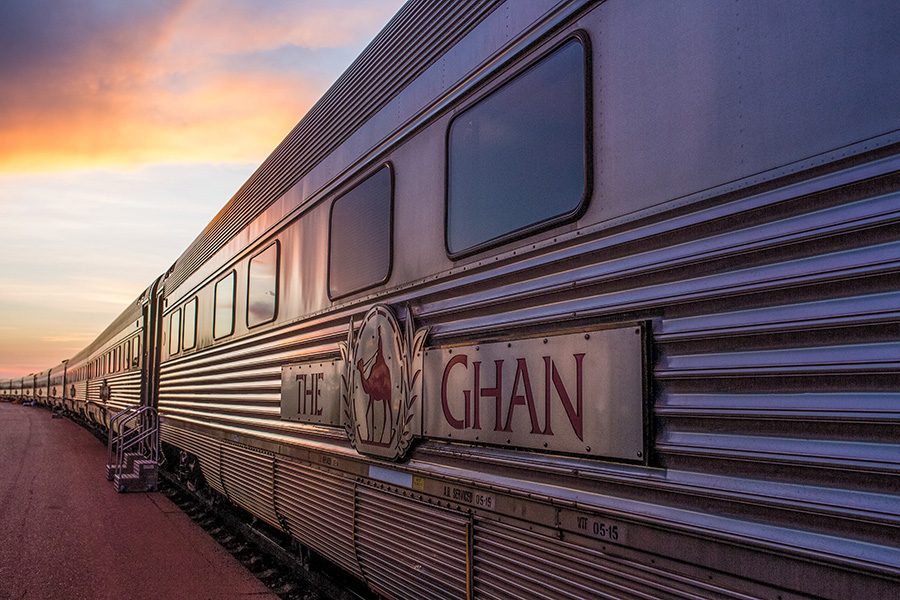 Close-up of The Ghan’s logo on the side of the train.