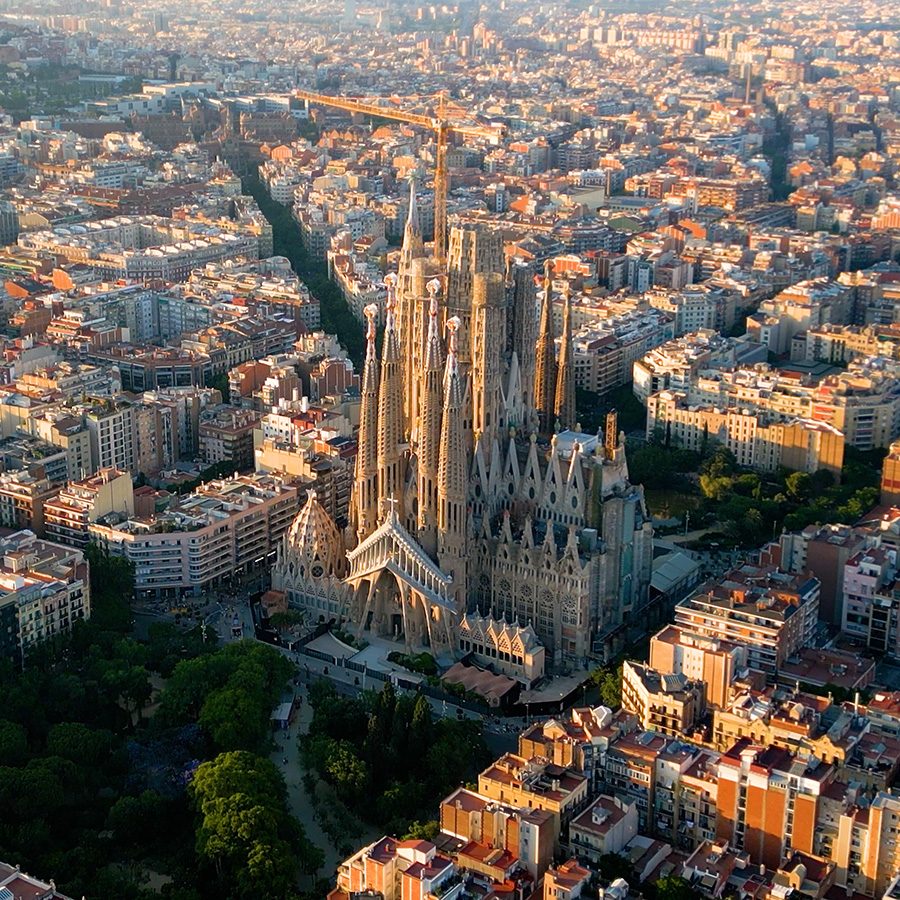 A bird’s eye view of Barcelona gothic quarter in the middle of the city during daytime 