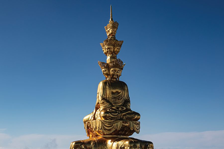 The Ten-faced Puxian Stupa at Jinding, the golden summit of Mount Emei in Sichuan. 